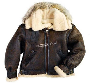 Hombres con capucha Casual Shearling Flying Sherpa Bomber Aviador Chaqueta de cuero FOX Fur Trim Capucha extraíble B3 Chaqueta de piel de oveja OEM - Product Image 1