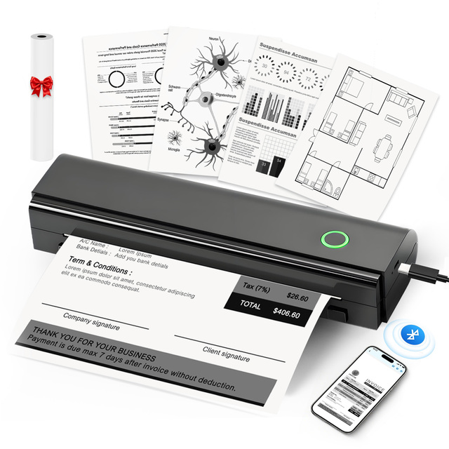 A4 Inkless Document Printer Portable Thermal Printing Wireless USB Type-C Lightweight for Office Home Business Travel
