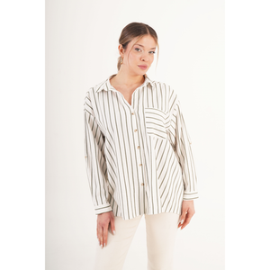 Blusa Casual de Lino para Mujer LUSTRIN, Corte Holgado, Color Caqui, con Bolsillos y Rayas, para Verano y Temporadas de Transición - Product Image 3