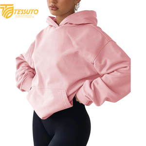 Vente en gros de sweats à capuche courts pour femmes en coton 100% de haute qualité, mode d'hiver, unis, personnalisés avec logo imprimé sur le devant - Product Image 6