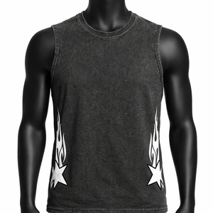 Camiseta sin mangas de algodón para hombre, cuello redondo, estampado de estrellas en llamas, estilo urbano, chaleco sin mangas transpirable - Product Image 1