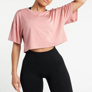 Nueva llegada personalizada verano liso en blanco cuello redondo Crop Top Casual manga corta para mujeres camiseta de gran tamaño con servicio OEM - Product Image 2