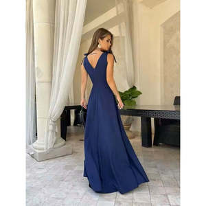 Women's Strappy Shoulder-Tie <b>Wrap</b> Neckline Long Slit Shimmering Crepe Dress, 35009 - <b>Navy</b> blue - Product Image 3