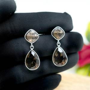 ต่างหูเงินสเตอริง925ต่างหูเม็ดเดี่ยวอัญมณีควอตซ์แบบรมควันทำด้วยมือเครื่องประดับโรสโกลด์ของขวัญที่สมบูรณ์แบบสำหรับเธอ - Product Image 1