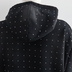 Heavy Weight Distress Applique Logo Washed Hoodies Full Body Rhinestone Black Oversized Cotton Blended Hooded - Product Image 6