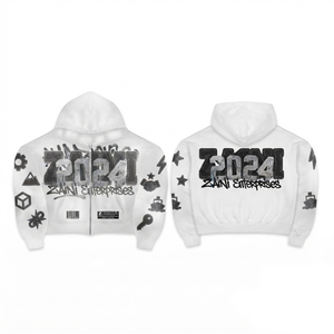 Men Premium 380 GSM Cotton Polyester Fleece Full Zip Hoodie White Custom DTF Screen Print Woven Label Private Label OEM - Product Image 1