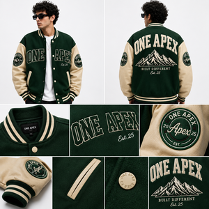 Custom <b>Men's</b> Beige Brown Varsity <b>Jacket</b> Wool Body PU Leather Sleeves Chenille Embroidery Letterman <b>Baseball</b> <b>Jacket</b> OEM - Product Image 3