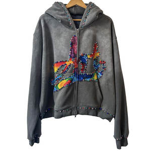 Sweat à capuche zippé 100% coton gris personnalisé Sweat à capuche zippé couleur strass Dtg Imprimer Oversize Boxy Acid Washed Hoodie With Rhinestone - Product Image 3