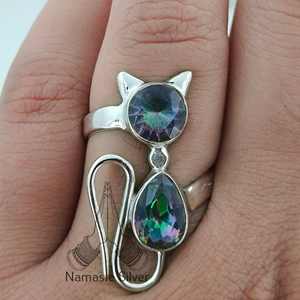 Mystic Topaz Dual Gemstone <b>Statement</b> Cat <b>Ring</b> Handmade Sterling Silver 18K for Birthday Christmas Valentine's Day Gift - Product Image 4