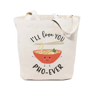 Sac fourre-tout de plage en toile de coton « I'll Love You Pho-Ever », durable, 12 oz, taille moyenne, écologique, pour usage quotidien, avec impression de lettres de dessin animé - Product Image 1
