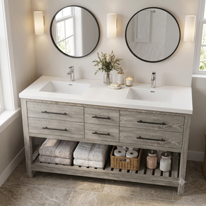 60" Wavecrest Vanity, Double Bowl Vanity Weathered Grey Design Floor Standing With Drawers <b>Cabinet</b> Vanity - Product Image 3