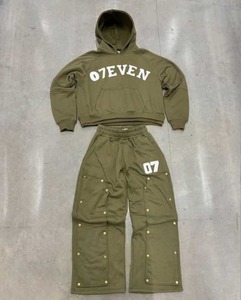 Conjunto de Sudadera con Capucha y Pantalones Deportivos de Algodón 100% Ecológico, con Efecto Desgastado por el Sol, Bordado, Lavado al Ácido, Estilo Crop, Acampanado y Apilado - Product Image 1