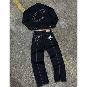 ORM Conjunto de chaqueta vaquera informal de moda de otoño para hombre Patrón bordado Algodón High Street Jeans transpirables Traje de mezclilla para hombre - Product Image 4