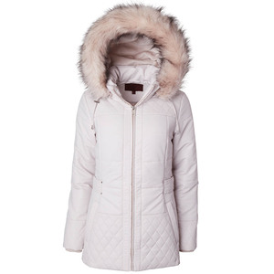 <b>White</b> Woven Solid Quilted Polyester Wadding Jacket Women Hooded Winter <b>Coat</b> with Fur Trim <b>Belted</b> Outerwear - Product Image 6