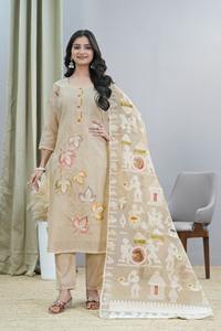 Kurti de fête élégante en coton slub de Neeta Creation, imprimé floral, travail de dentelle, multicolore, matériaux recyclés, sans plis - Product Image 3