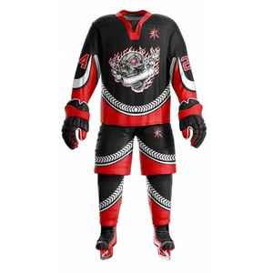 Uniformes de hockey sur glace sublimés Vente en gros de maillots d'équipe personnalisés Vêtements en polyester légers et évacuant l'humidité pour le match - Product Image 1