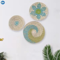 Nouvelle conception Boho Style Seagrass tenture murale paniers 3 rond plat tissé avec motif végétal fabriqué au Vietnam accessoires pour la maison