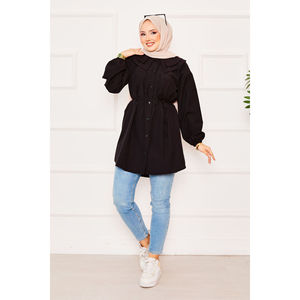 Double Collar Modest <b>Tops</b> Black Hijab Shirt with Drawstring Waist - Product Image 1