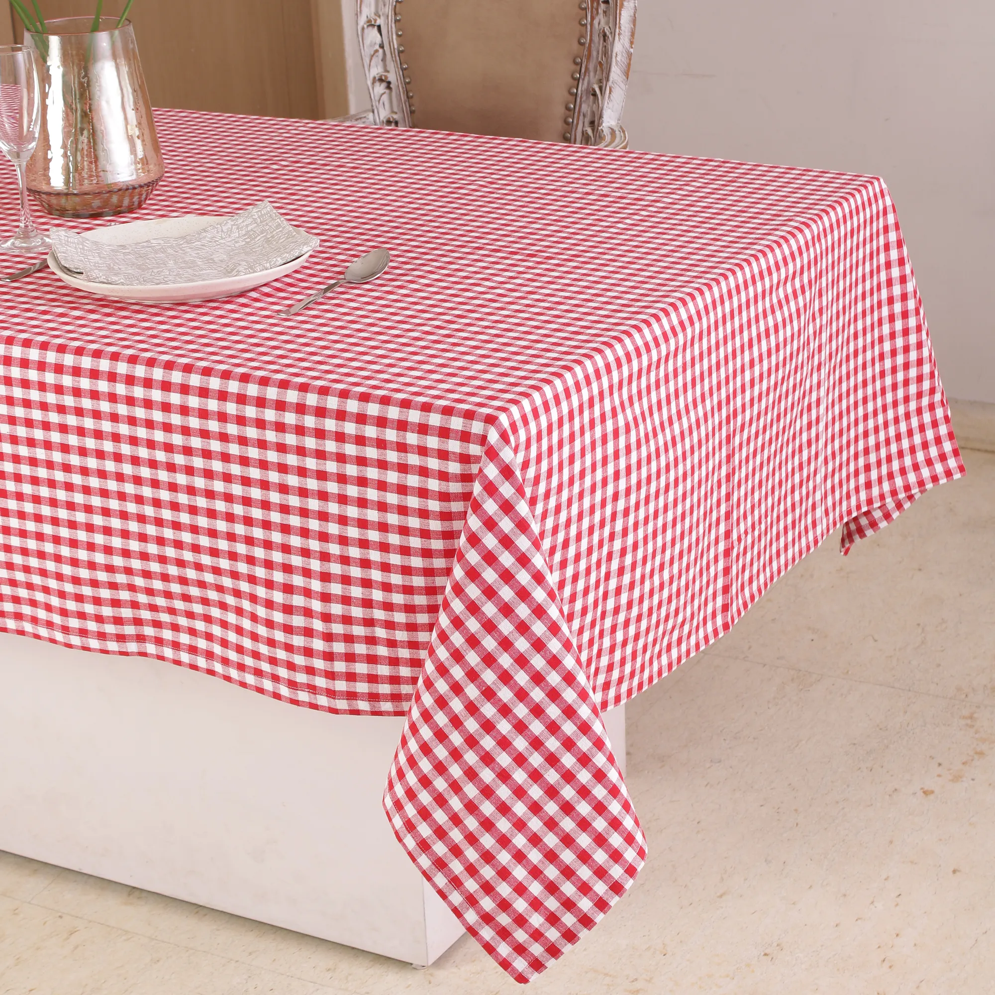 100% Khăn trải bàn bằng vải cotton-màu đỏ