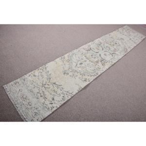 Tapis turc vintage en laine, tapis de couloir 2x10 pieds, patchwork blanc et gris, tapis oriental avec envers en latex - Product Image 2