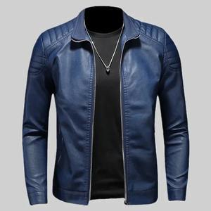 Chaqueta de cuero ajustada de alta calidad para hombre con cuello alto, bolsillos con cremallera y detalles decorativos, estilo motero. - Product Image 1
