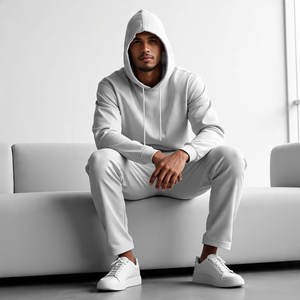 ชุดวอร์มมีหมวกผ้าฟลีซทรงหลวมสำหรับผู้ชายชุดวอร์มขากว้างแบบเรียบ | ชุดวอร์มขากว้างของผู้ชายมีสไตล์ - Product Image 2