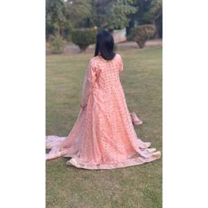 Elegante Vestido de Noche Rosa Claro Tipo Bola, Talla XS, Mangas Cortas, Cintura Imperio, Estilo Sencillo, Largo hasta el Suelo con Abertura - Product Image 3