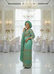 Robe George de luxe de couleur bleu marine nigérian, avec un design floral et feuillage élégant, fait main, pour mariage nigérian - Product Image 3