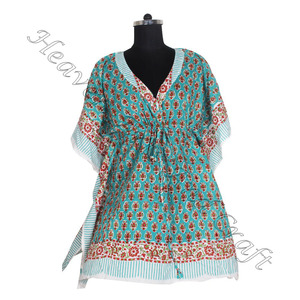 100% coton femmes vêtements de nuit main bloc imprimé caftan robe KFCS067 poids léger femmes décontracté Occasion porter courte Caftan robe - Product Image 5
