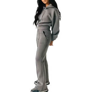 Personnalisé Vente Chaude Solide Pull Survêtements Détresse Patch Soleil Délavé À Capuche Pantalon De Survêtement Ensemble Évasé Boxy Survêtements Femmes 100% - Product Image 1