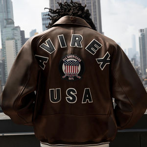 Veste en cuir marron Avirex pour homme, fermeture éclair, bomber, veste d'aviateur, veste vintage d'hiver, vêtements de rue, mode, veste pour homme - Product Image 6