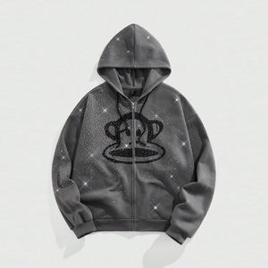 Sudadera con capucha de diamantes de imitación para mujer, ropa de calle cálida y acogedora, parche bordado vintage con lavado ácido, Sudadera con capucha de gran tamaño con logotipo personalizado - Product Image 1