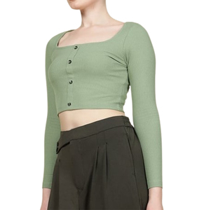 เสื้อครอปสตรีแบบพรีเมี่ยมเสื้อเซ็กซี่รัดรูปแขนยาวคอวีระบายอากาศเสื้อถักโลโก้สีทึบออกแบบได้ตามต้องการ - Product Image 3