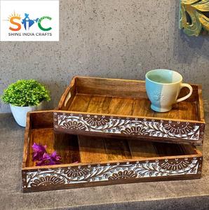 Plateau de service sculpté à la main en bois de manguier massif noyer cadeau idéal cadeau de pendaison de crémaillère de Noël - Product Image 6