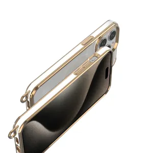 New Pc Electroplated Gold Edge Mobile Phone Cases With Metal Hook For Iphone 15 Pro Max Crossbody Case High Quality For Girls