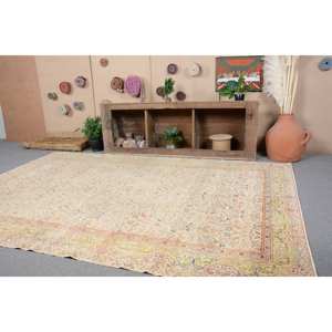 Alfombra turca Vintage clásica Beige 6,3x9,6 pies diseño de retazos de lana hecho a mano respaldo de látex para cabecera patrón de pasillo rectangular - Product Image 2