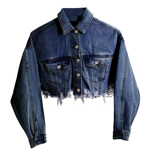 2025 veste élégante Denim déchiré garniture brute goutte épaule Denim vestes pour femmes avec Logo personnalisé vestes pour femmes - Product Image 2