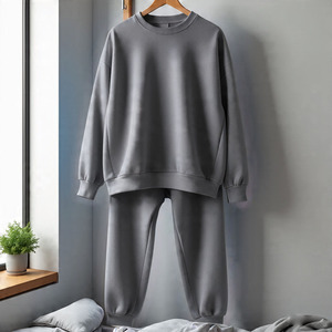 Survêtement unisexe bleu uni, col rond, manches longues, coupe ample, décontracté, pour l'automne, 100% coton, poids moyen, taille élastique - Product Image 6
