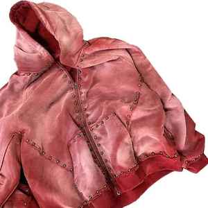 Gran tamaño 100% algodón francés Terry peso pesado Vintage remachado Streetwear hombres desgastado ácido lavado desteñido Zip Up sudaderas con capucha para hombres - Product Image 1