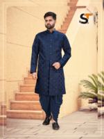 Ensemble Kurta Dhoti pour homme de style Manyavar en tissu jacquard Kurta et Dhoti en velours pour les mariages et les occasions festives