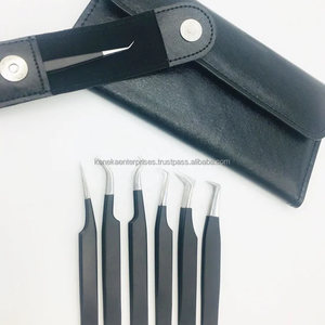 Pinces à cils en acier inoxydable noir pour extensions de cils, poignée diamant, pointe lisse à 90 degrés, antistatique avec pochette noire - Product Image 4