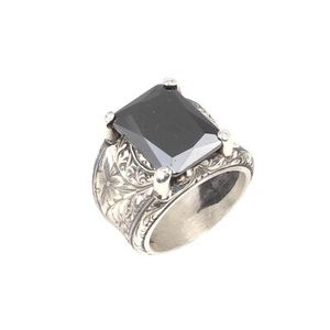 925 Oniks Tal Kalemli Dikdrtgen Erkek Yzk Geometric Pattern Rhodium Plated with <b>Emerald</b> Cut Diamond Everyday Wear - Product Image 1