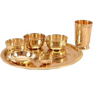 7 Piece Designer Brass Dinner Set Thali Set - 1 Plate, 3 Bowls, 1 Chuttney Bowl & 1 Glass - Dinnerware Tableware Gift item - Product Image 1