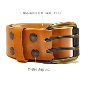 Genuine Leather Casual <b>Belt</b> With Double Prong Iron Buckle Solid Tan Color Durable Cow Hide Men's <b>Belt</b> - Product Image 2