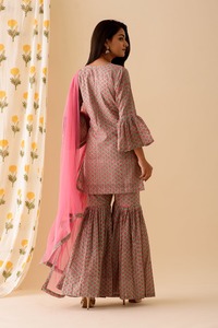 Mint Pink BlockPrint Sharara Set Indian Fashion Styling Quality <b>Kurti</b> and Pants From Indian Manufacturer - Product Image 4