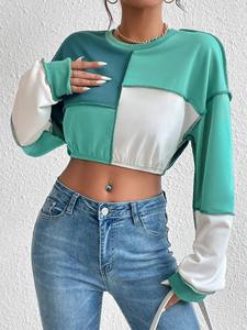 Sudadera Corta Color Block al por Mayor para Mujer, Top Informal de Manga Larga con Cuello Redondo - Product Image 5