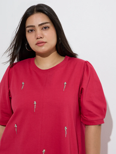 Vestido recto de algodón adornado con diamantes fucsia Gia - Product Image 3