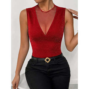 Women's Sleeveless Tulle Round Neck Deep V-Neck <b>Glitter</b> Blouse, 36067 - <b>Red</b> - Product Image 1