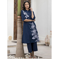 Ensembles Kurta pour femme Imprimé floral Une ligne col mandarin manches trois quarts pantalon droit solide avec poche unique