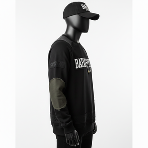 Sweat-shirt pour homme en molleton de coton haute densité 320 GSM, noir olive, panneau de manche renforcé, logo appliqué, sweat-shirts basiques - Product Image 3